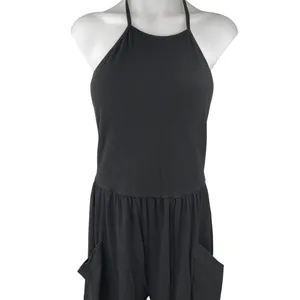 Oak + Fort Women's Black Sleeveless Halter Wide Leg Pockets Romper Jumpsuit Sz L thumbnail 4