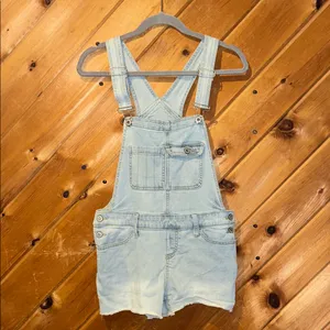 Mossimo light wash denim raw hem shorts overalls thumbnail 2