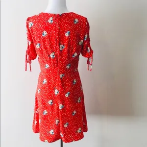 Red Floral Mini Dress Ruched Tie Front Lined Back Zip thumbnail 5