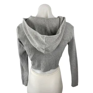 Brandy Melville Women's Gray Ribbed Knit Full Zip Crop Hoodie Sweatshirt Top S thumbnail 4