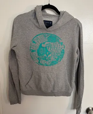 American Eagle Grey Hoodie with Teal Graphic Womens Medium thumbnail 1