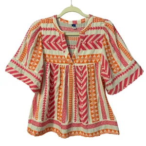 Old Navy‎ Bohemian Red Multi Geometric 100%Cotton Tribal Print Babydoll Top M thumbnail 1