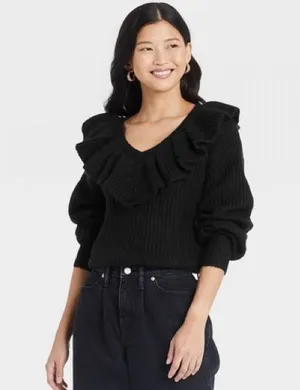 A New Day Ruffle V Neck Pullover Sweater thumbnail 1