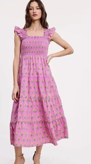 Ultramarine Floral Smocked Tiered Midi Dress Cottagecore Boho Peasant L NWT thumbnail 1