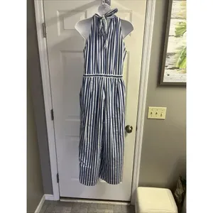 J.Crew Light Blue White Vertical Striped Halter Coastal Lined Jumpsuit Size 4 thumbnail 7