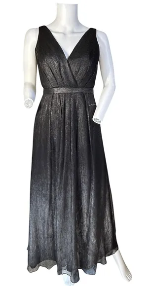 Monique Lhuillier Bridesmaids Size 2 Black Metallic Plunge V-Neck Maxi Dress thumbnail 1