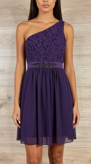 Adrianna Papell One-Shoulder Purple Lace & Mesh Mini Party Dress 6 thumbnail 1