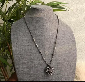 Brighton Y2K Reno Double Sided Reversible Silver tone Heart Charm Pendant Bead Necklace adjustable length #gothic #whimsygoth #celestial #fairy thumbnail 4