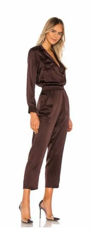 Amanda Uprichard Felix Long-Sleeve Satin Jumpsuit in Cocoa Brown Size Medium thumbnail 1