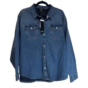 True Religion Oversized Denim Crystal LS Shirt Medium Wintry‎ Wash 600119 XL thumbnail 1