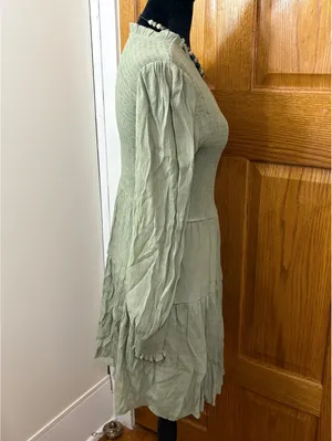 Women’s Sage Green Smocked Tiered Mini Dress Long Sleeve Size Small thumbnail 5
