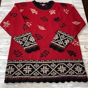 Vtg 90s Sweater‎ Womens Small Red Leaves Scalloped Hem USA Grandmacore Cabincore thumbnail 3