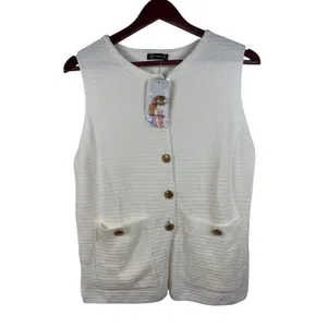 PrettyGarden Knit Sweater Vest S White Gold Button Textured‎ Sleeveless NEW thumbnail 2