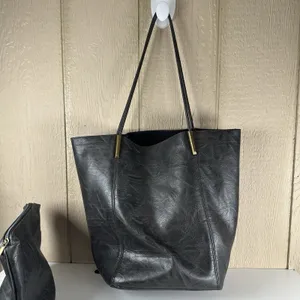 Anthropologie Leather Akimbo Shoulder Tote Bag w/ Pouch Black Charcoal Brass thumbnail 5