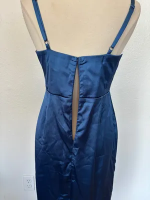 Lulu's Deep Blue Satin Square-Neck Midi Dress thumbnail 9