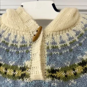 Eddie Bauer Sweater sz M Wool Mohair Blend Hooded Nordic Fair Isle ivory blue thumbnail 2