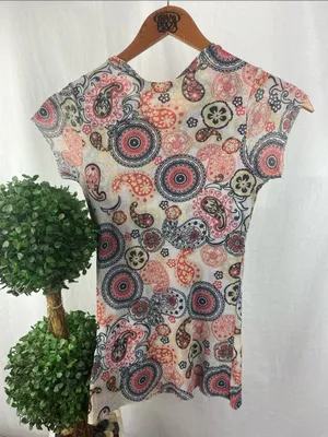 Sweet Pea Tan Black Orange Print Short Sleeve Nylon Tee T Shirt Top L thumbnail 3