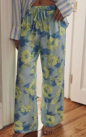 Lyrebird Anthropologie Neela Silky Blue Wide Leg Lounge Pants Quiet Luxury thumbnail 1
