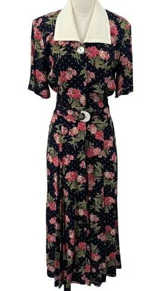 Vintage 80s Floral Shirtdress Button Down Belted Maxi Union Made Black Pink XS thumbnail 1
