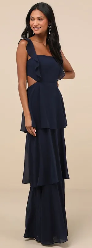 Lulus Elegant Event Navy Ruffled Tie-Back Tiered Maxi Dress Holiday Party Small thumbnail 1