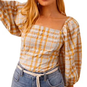 Like New Anthropologie Maeve Square Neck Puff Sleeve Seersucker Plaid Top Medium thumbnail 1