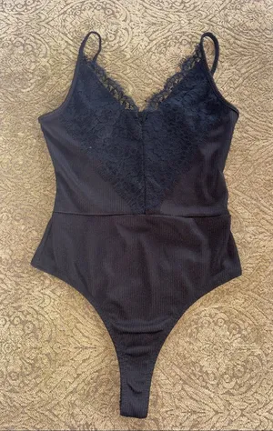 Polly & Esther Black Lace Trim Ribbed Bodysuit thumbnail 1