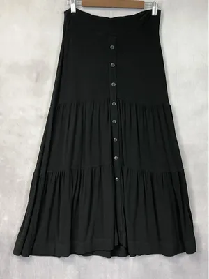 Tiered Button Front Maxi Skirt Size S Black Ribbed Stretchy Grunge Dark Cottage‎ thumbnail 1