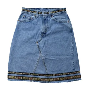 Vintage Levis 555 Denim Skirt Light Wash Embroidered Ribbon Trim Made in USA 25 thumbnail 1