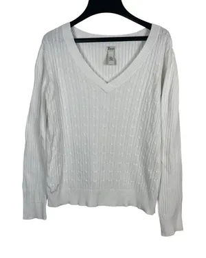 Bass Womens White Cable Knit V Neck Sweater Size L 100% Cotton Classic Preppy thumbnail 1