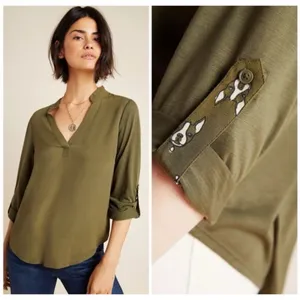 Anthropologie‎ Porridge Aidan Shirt Top Green Size S 3/4 Roll Sleeve Dog Detail thumbnail 2