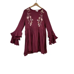 Umgee Burgundy Embroidered Floral Bird‎ Boho Mini Dress Ruffle Bell Sleeve Small thumbnail 10