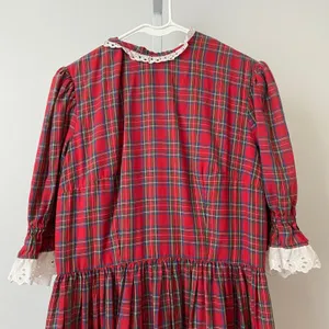 Unbranded Cotton Prairie Peasant Lace Trim Plaid Maxi Dress Red thumbnail 2