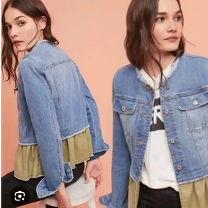 Pilcro and the Letterpress Small Denim Jacket Olive Green Ruffle Hem‎ Womens thumbnail 2