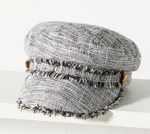 Anthropologie Black White Houndstooth Plaid Tweed frayed newsboy baker boy hat cap gold tone button-One Size (O/S) thumbnail 1