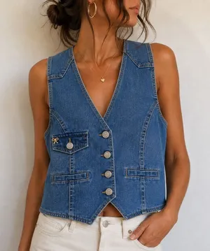 Nanette Lepore Blue Denim Vest Bow Detail Size S Western Y2K Cowgirl thumbnail 1