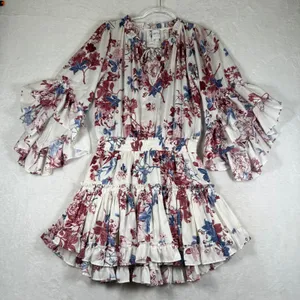MISA Los Angeles Floral Ruffle Mini Dress White Burgundy Blue Smocked Waist S thumbnail 1