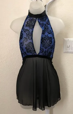Plus size Black blue halter floral mini slip on tie back sexy lingerie top mini dress sheer choker neckline Size 1X /2X -excellent condition. Measurement in pics(stretchy) thumbnail 1