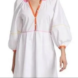 NWT STAUD White Mini Dress Pink Orange Trim Long Puff Sleeves Size Large thumbnail 1