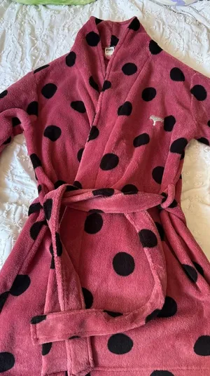 PINK Pink Polka Dot Plush Vintage Robe with Black Spots XS thumbnail 1