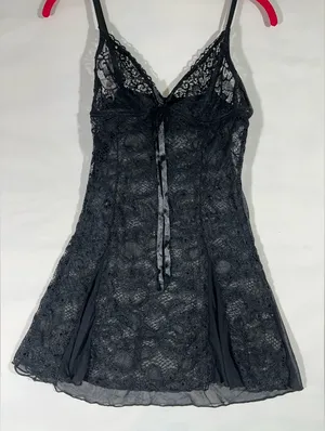 Black Lace & Mesh Net Chemise Nightgown with Ribbon & Rhinestone Sz S‎ NEW thumbnail 1