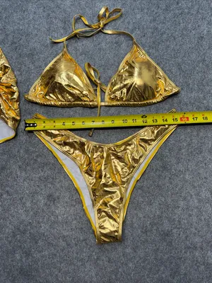 3 Piece Swimsuit Metallic Halter Triangle Bikini Set with Cover Up Beach Skirt thumbnail 7
