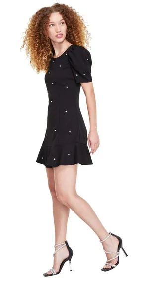 NWT Crystal Doll Juniors Puff-Sleeve Rhinestone Dress CIZ12525 Black XL thumbnail 1