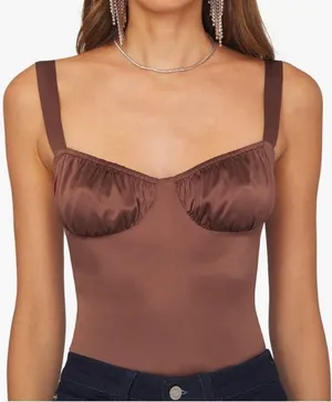 WeWoreWhat‎ Ruched Cup Bodysuit Size 2 Brown Satin Night Out Trendy Sexy thumbnail 1