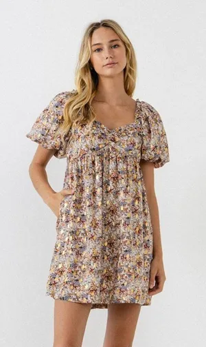 Free The Roses Women's Floral with Gold Print Babydoll Dress thumbnail 1