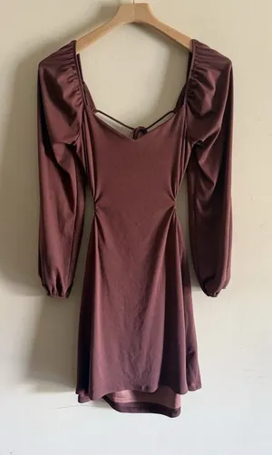 Altar'd‎ State Day Dress Womens M Brown Fit and Flare Mini Puff Sleeve Backless thumbnail 1