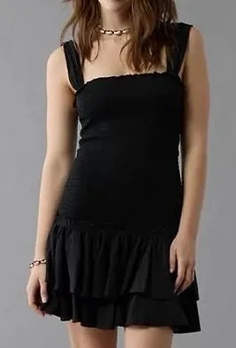 American Eagle Black Smocked Mini Dress Ruffle Hem Sleeveless Size Large thumbnail 1