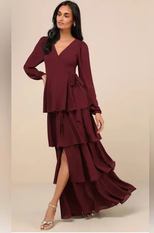 NWT Lulus Marvelous Grace Plum Long Sleeve Tiered Wrap Maxi Dress Size XS thumbnail 1