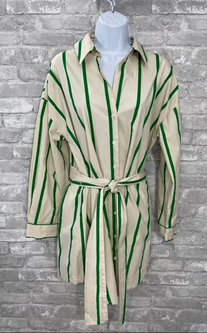 GREY LAB Cream and Green Striped Shirt Dress with Tie Waist thumbnail 1