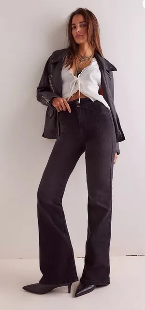We The Free People Jayde Flare Jeans Onyx Black High Rise Stretch Denim Sz 31 thumbnail 1