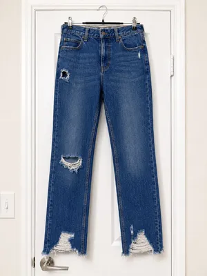 We The Free Distressed Straight Leg Jeans High Rise Raw Hem Blue Denim‎ Women's thumbnail 2